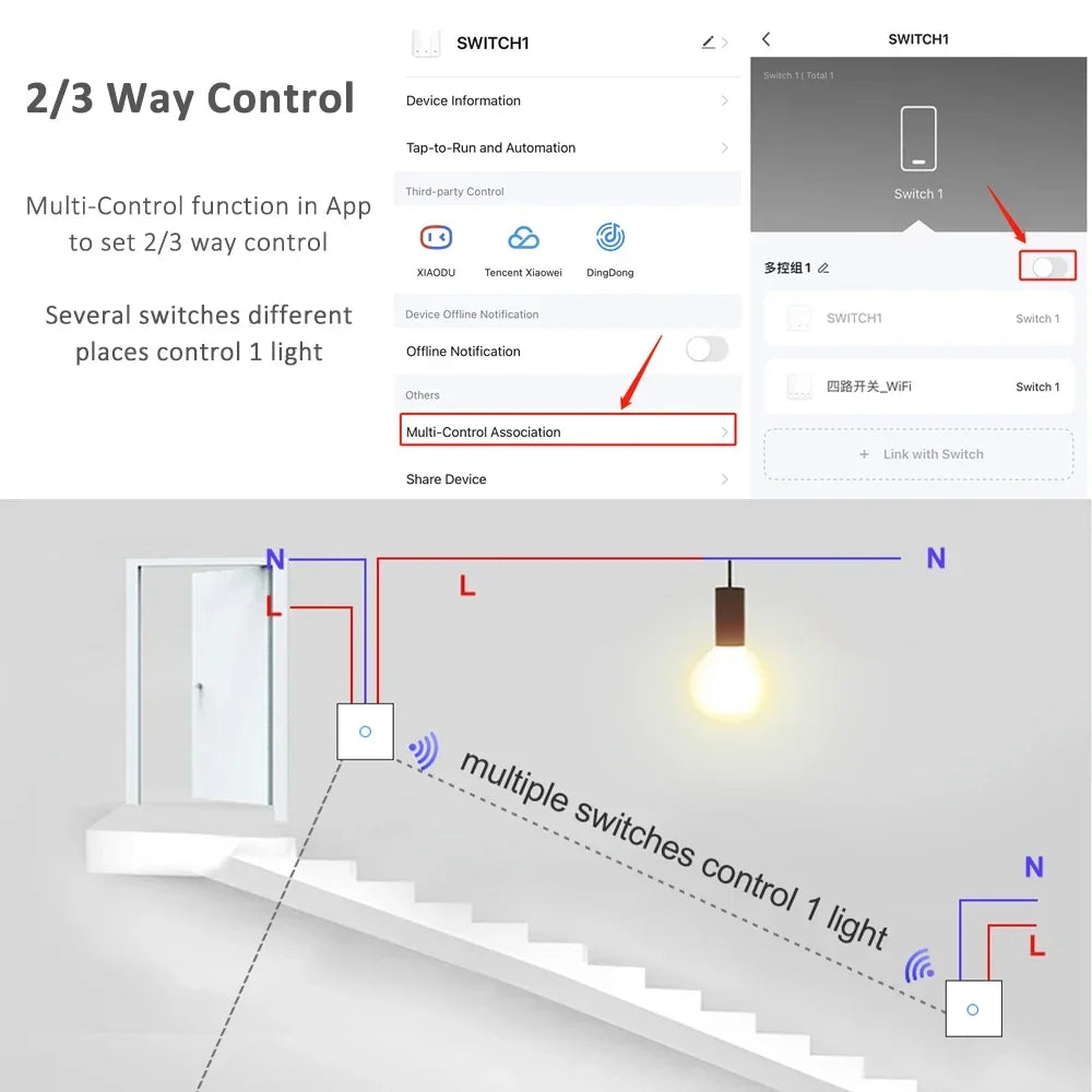 Interruptor inteligente de encendido y apagado con WiFi, dispositivo con botón de encendido de 220V, para pared, Alexa, Google Home, sin cable neutro, UE, dos vías