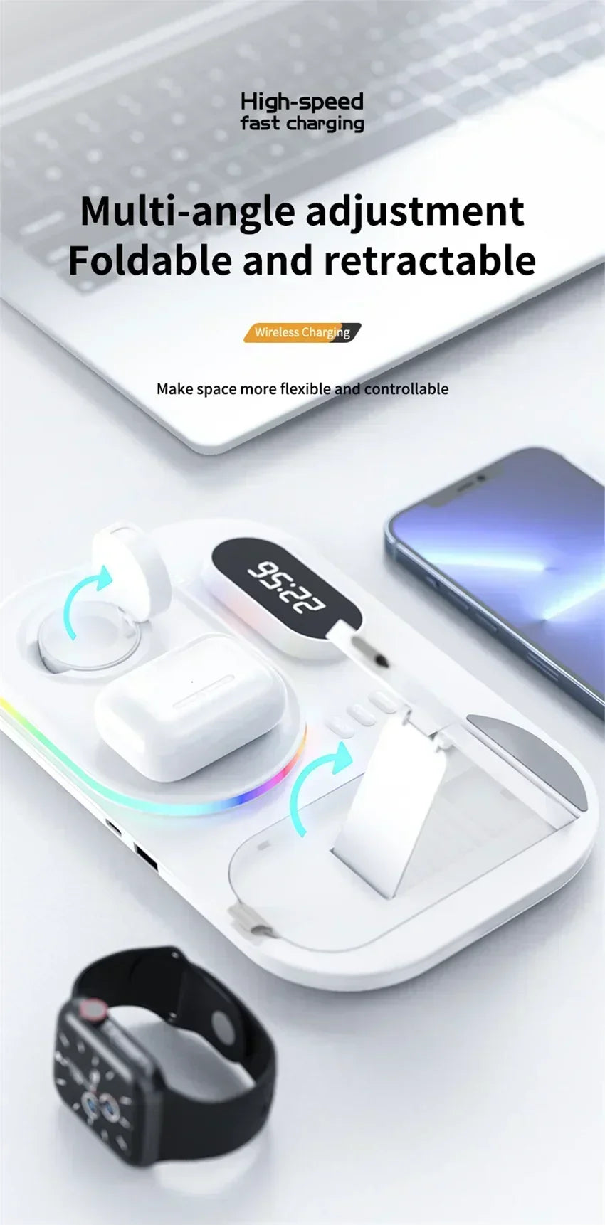 Base de Carga Inalámbrica 4 en 1, Estación de Carga Rápida de 15W para iPhone 12-17, Samsung Galaxy Watch, iWatch, Auriculares Xiaomi