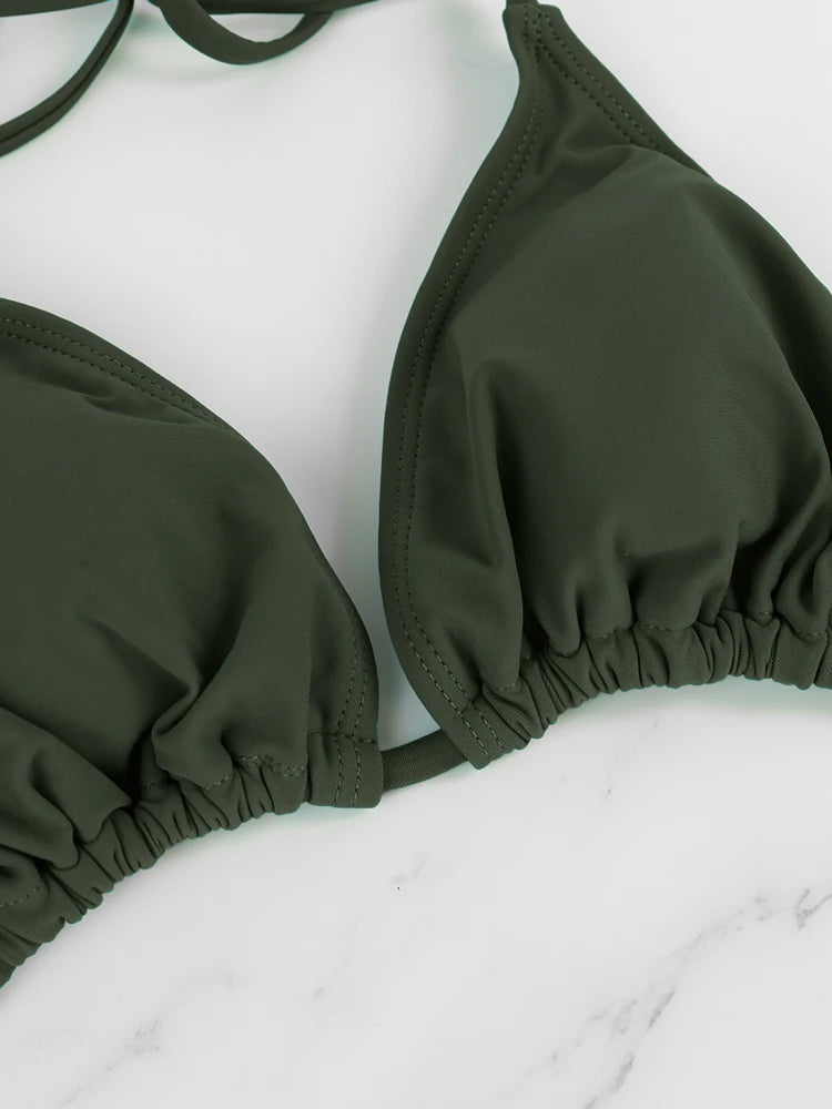 Conjunto de bikini sexy de 2 piezas para mujer, de color liso, sin tirantes, con espalda descubierta, tanga, traje de baño de verano, con detalles laterales de vendaje.