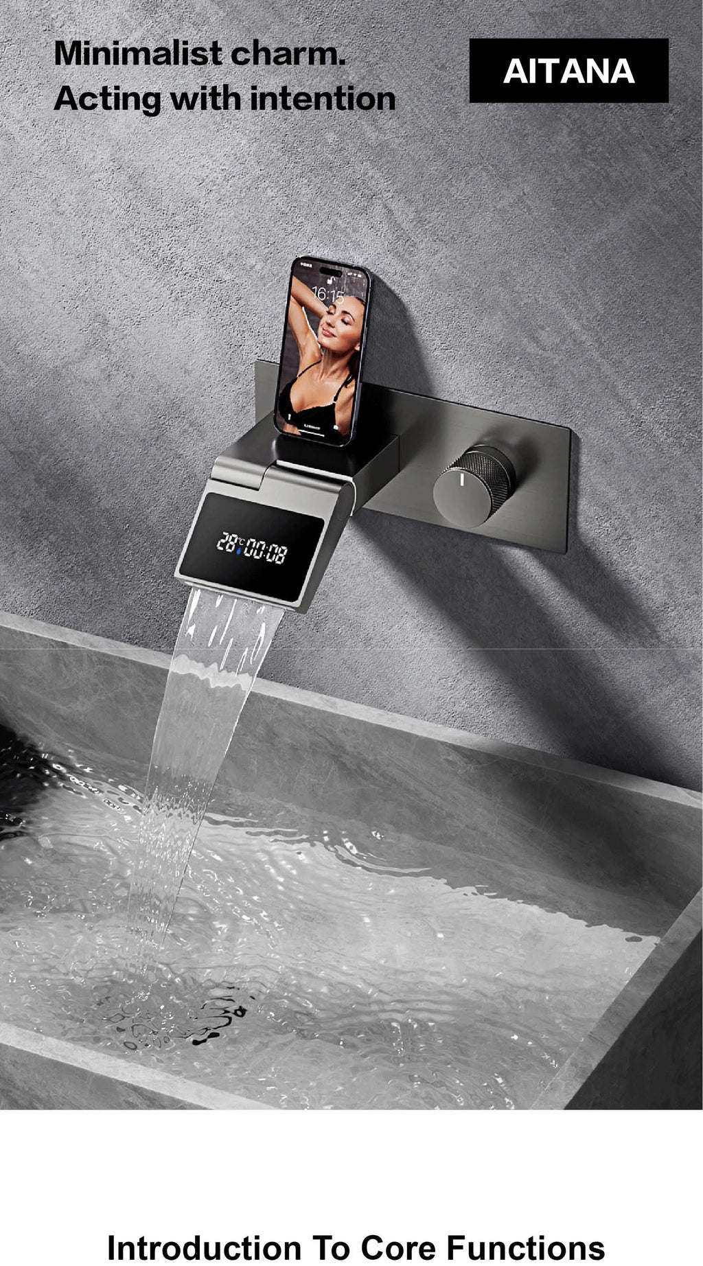 Grifo de baño montado en la pared de latón gris con pistola de lujo con pantalla digital LED Grifo de baño integrado de agua fría y caliente con una sola manija