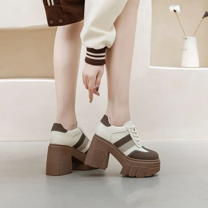 Zapatos de Tacon Alto con Plataforma para Mujer - Cuero con Cordones