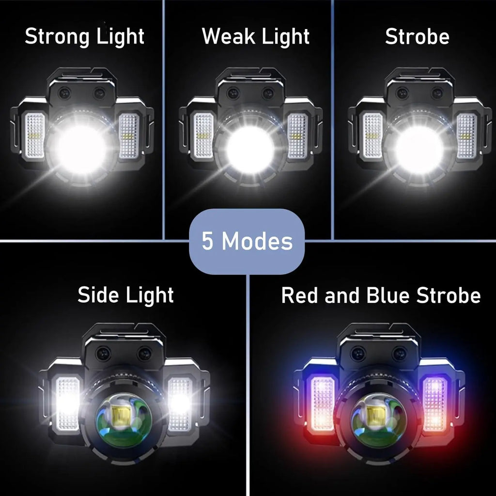 Linterna Frontal LED Recargable USB para Exterior, 5 Modos Impermeable