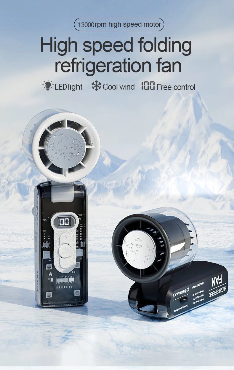 Ventilador de refrigeración plegable de alta velocidad, mini ventilador de carga USB portátil con pantalla digital, ventilador de mano de alta energía eólica