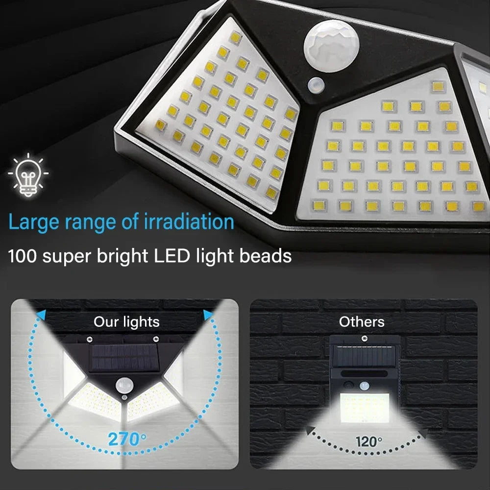 Lámpara Solar de Pared con Sensor de Movimiento PIR de 100 LED, Lámpara Solar Exterior Impermeable, Lámpara de Calle con Energía Solar, Decoración de Jardín