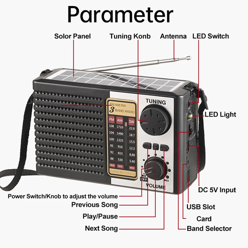 Radio de Emergencia Solar AM FM SW con Linterna LED y Bluetooth