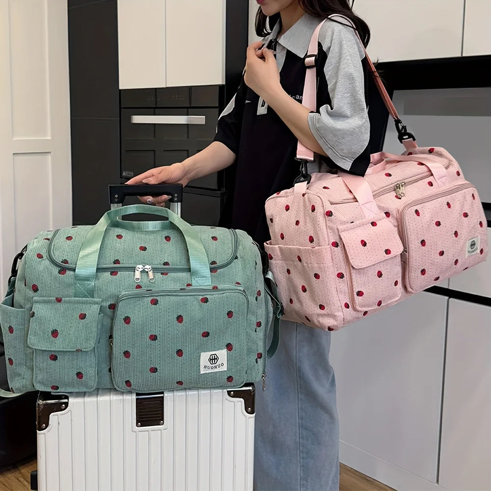 Bolsa de viaje de fresa, bolsa de equipaje de pana de gran capacidad, bolso cruzado ligero, bolsa deportiva y de fitness multifuncional