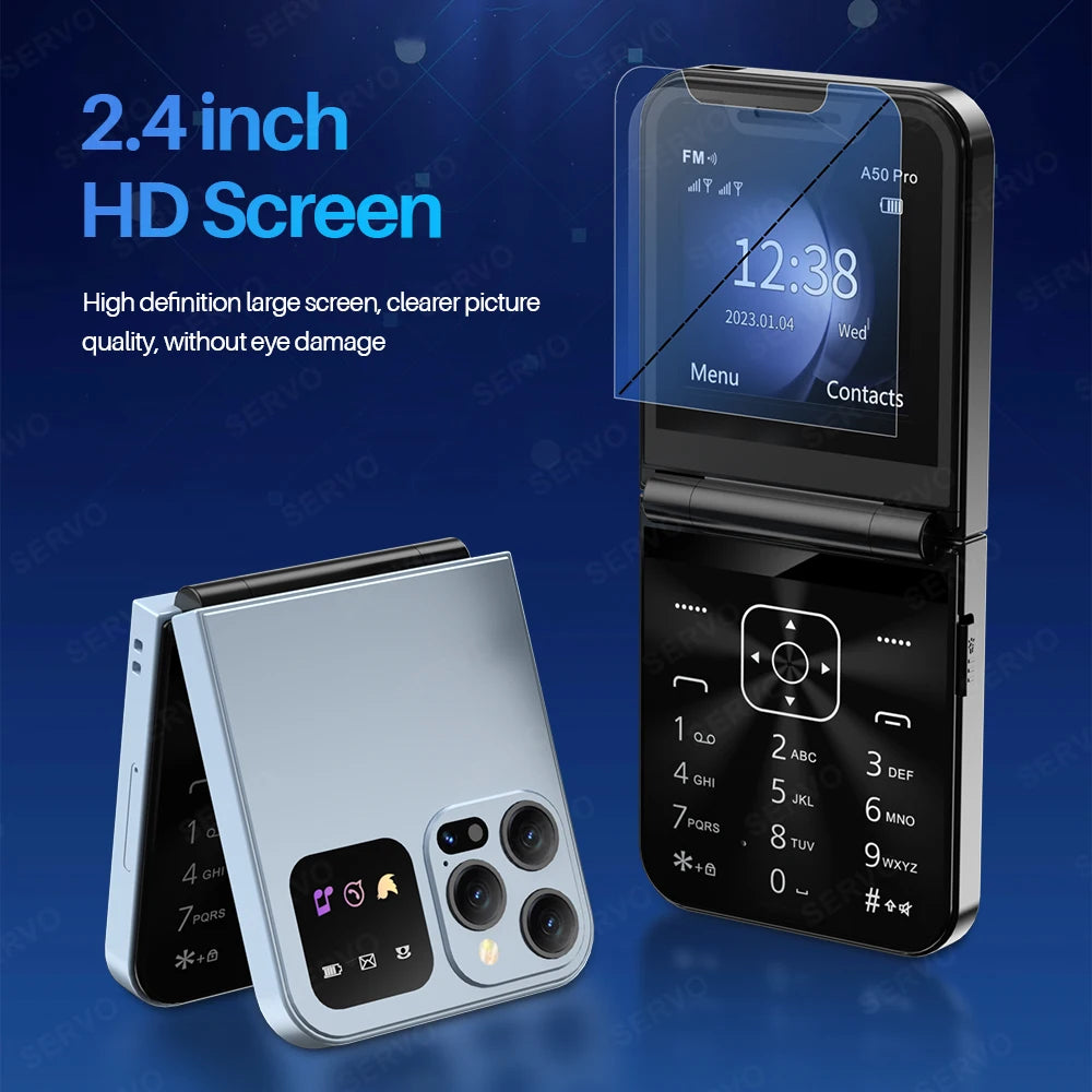 SERVO A50 PRO Teléfono móvil con tapa, pantalla de 2,4 ", marcación rápida, grabación de llamadas, lista negra, 2 tarjetas SIM, teléfonos móviles plegables desbloqueados, nueva versión