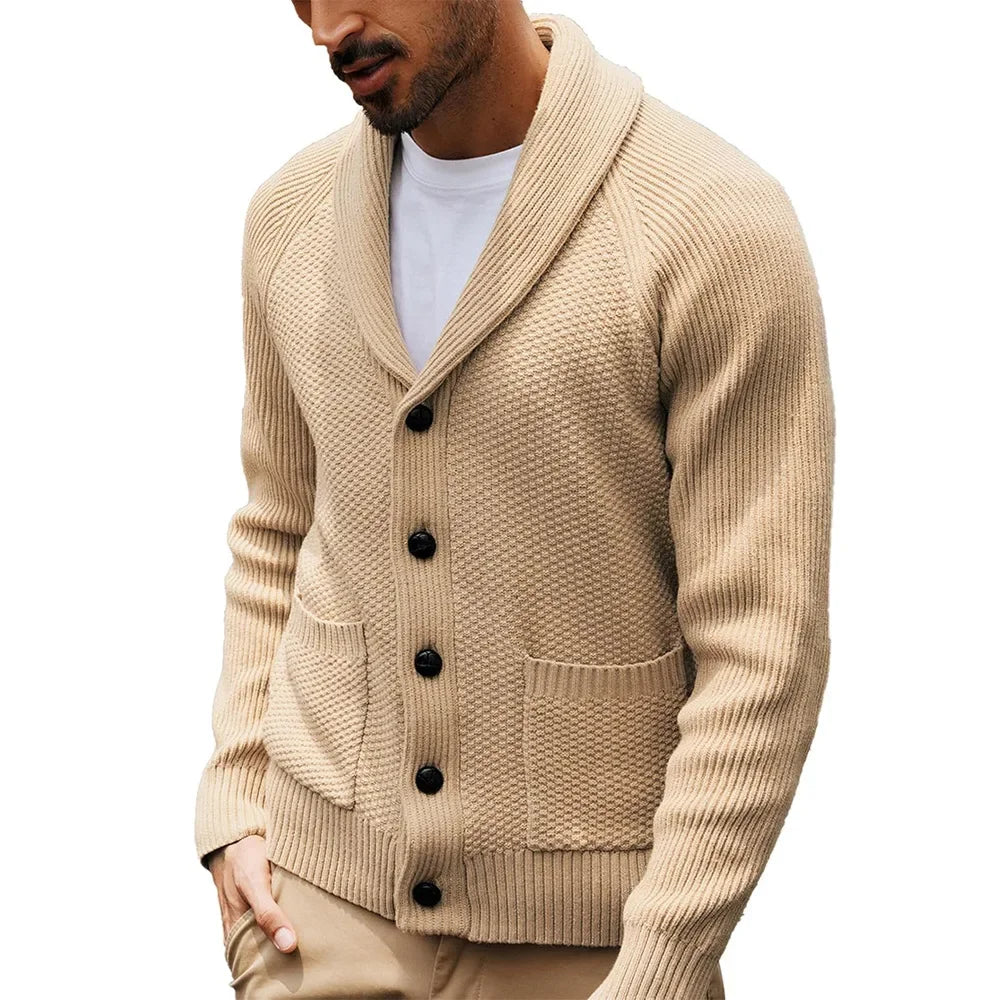 2025 Jersey nuevo de punto para hombre, cárdigan de manga larga con cuello abotonado y bolsillo, suéter informal de invierno para hombre