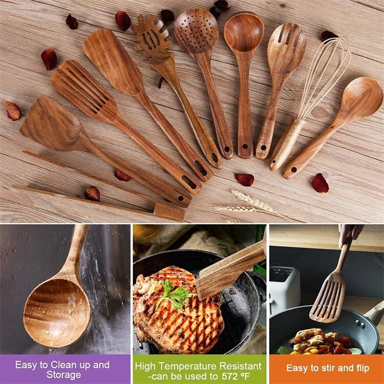 LMETJMA Paquete de 10 utensilios de cocina de madera de teca Natural, juego de utensilios de cocina con espátula y cucharas de madera para cocinar y hornear JT503