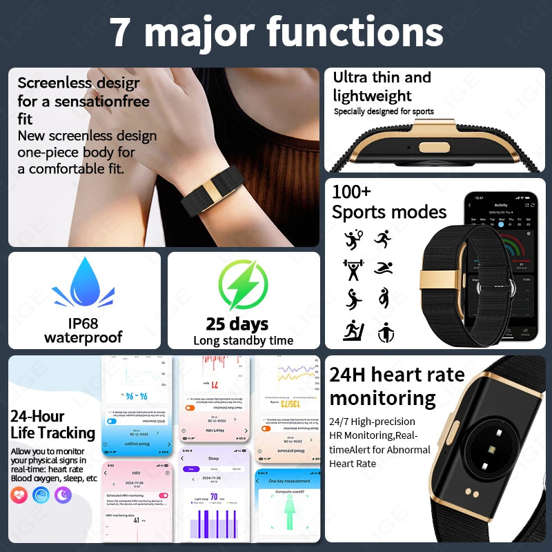Smartwatch deportivo LIGE con monitor cardíaco, oxígeno en sangre y resistencia IP68