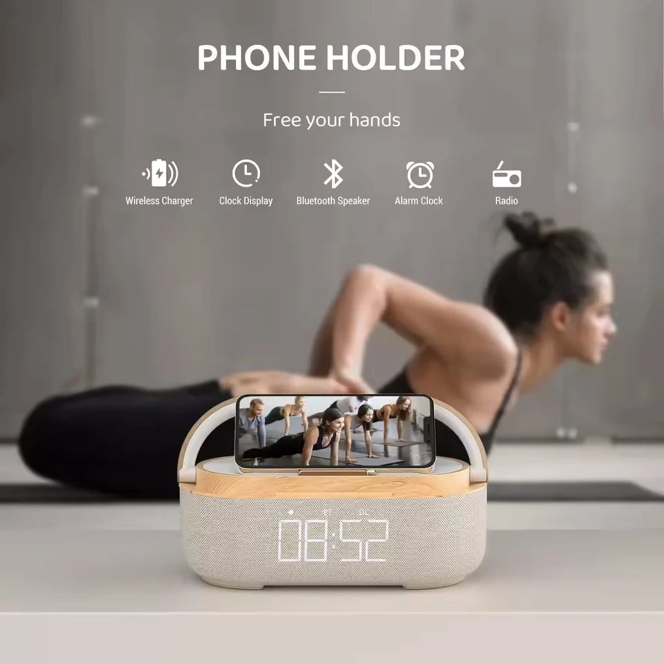 Altavoz Bluetooth portátil con carga inalámbrica, Radio FM, despertador, caja De sonido, música, cargador, lámpara, luz nocturna, Bocina