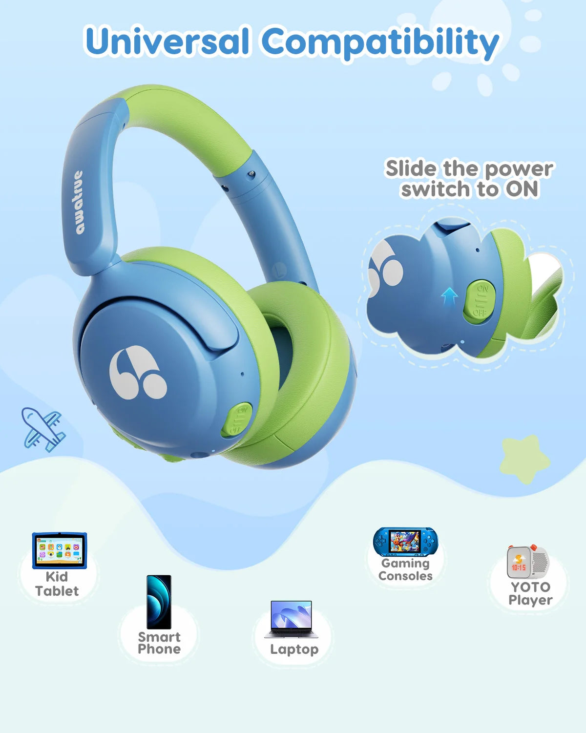 Awatrue-auriculares Bluetooth 5,4 para niños, cascos supraaurales inalámbricos ligeros con volumen seguro de 85dBA para IPad/reproductor YOTO/tableta/escuela