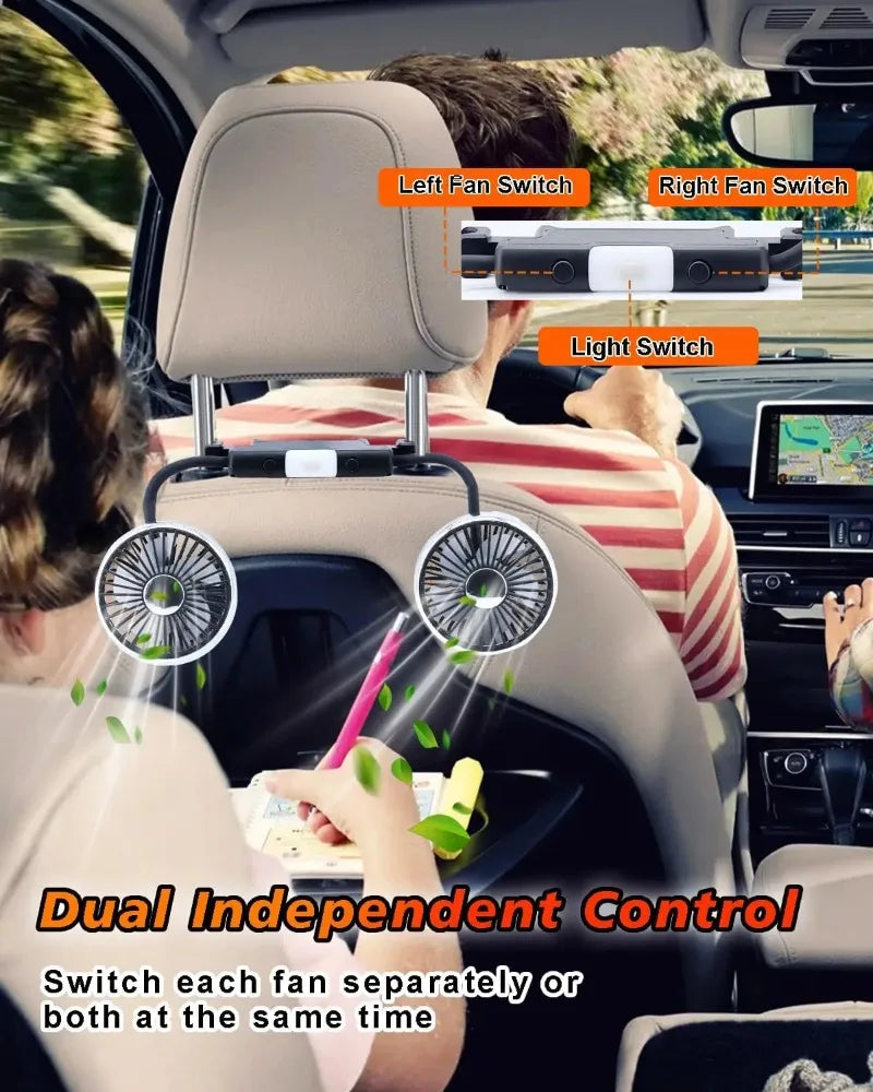 Ventilador Doble para Auto CheShan F310 con Luz LED, Manguera Flexible, 360° °   Accesorio de Refrigeración para Asientos de Auto, Multiángulo