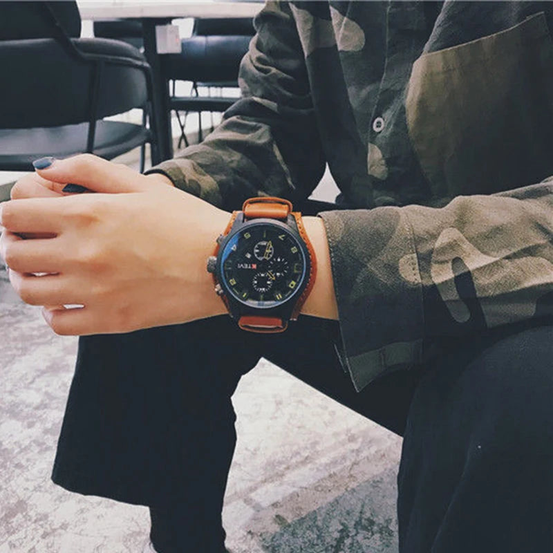 Relojes YIKAZE Retro para hombre, reloj clásico de cuarzo de lujo para negocios, reloj de pulsera militar con fecha y correa de cuero con esfera grande a la moda para hombre