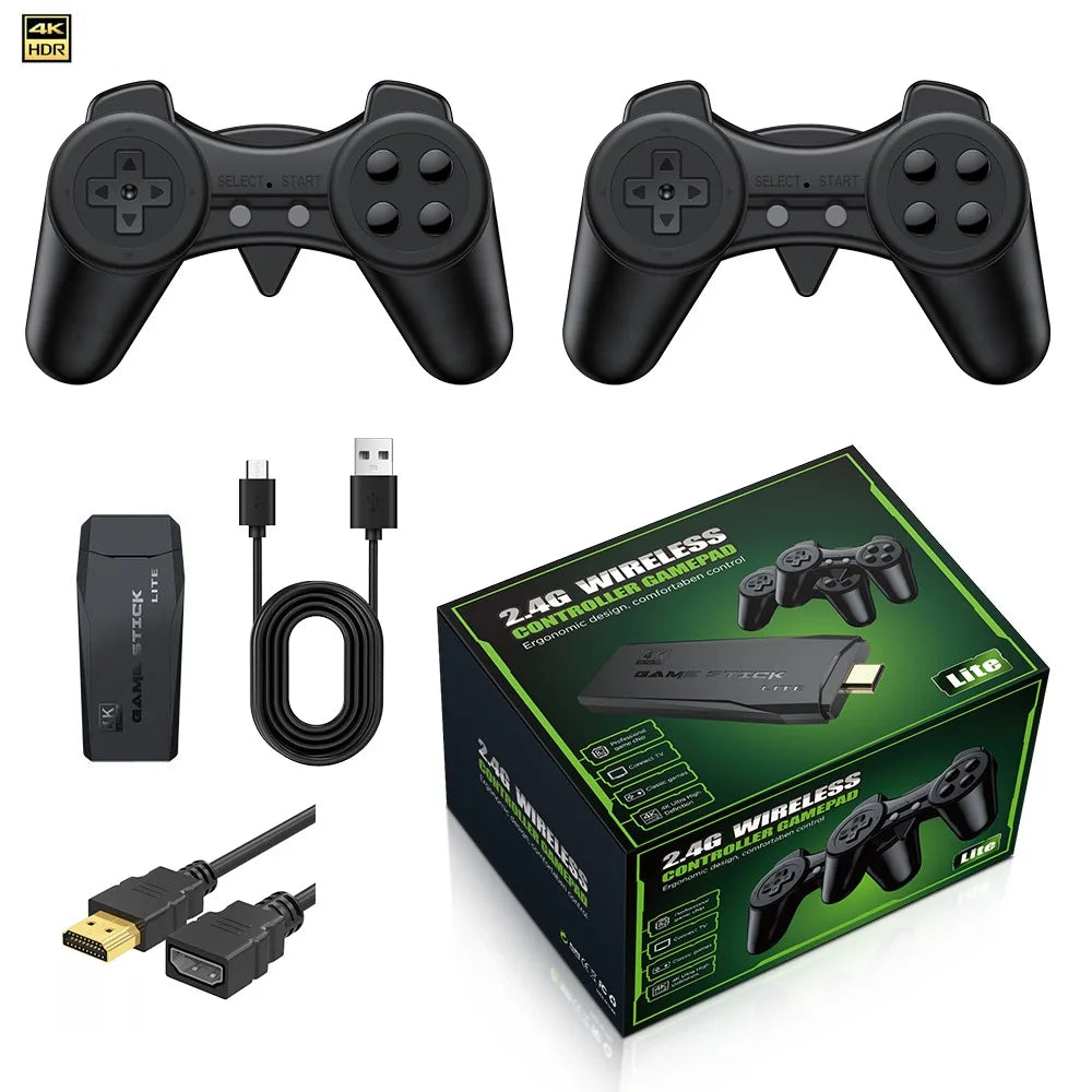 Consola de Videojuegos Retro 4K HD Game Stick Lite con Dos Controles Inalámbricos 2.4G, Plug & Play, con Juegos Clásicos Integrados