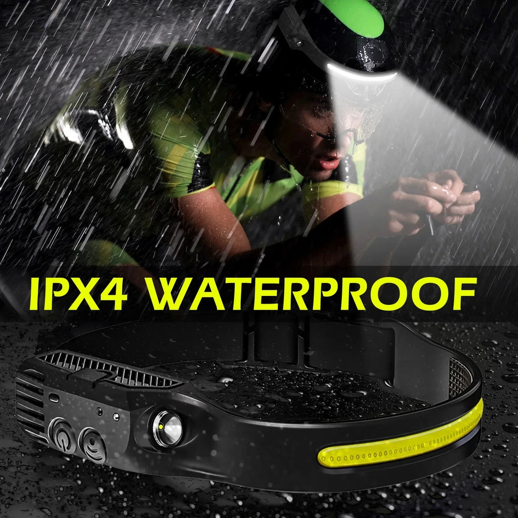 Linterna Frontal LED Recargable USB con Sensor para Camping y Pesca