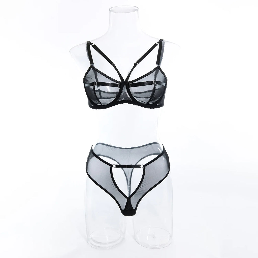 Conjunto de Lencería de Malla Transparente con Sujetador Push Up y Tanga