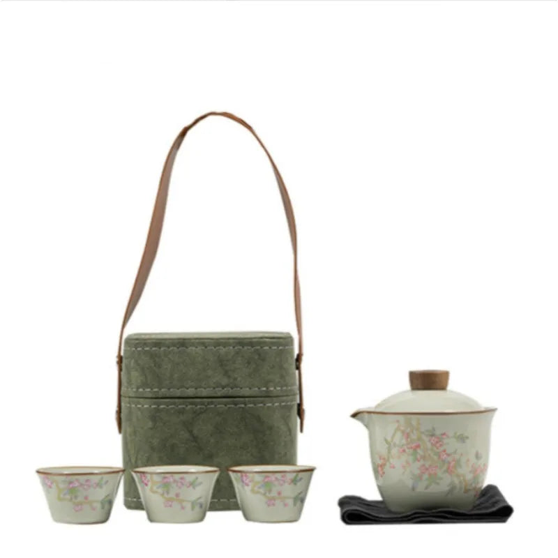 Set de tetera de viaje con tres tazas de cerámica y bolsa de almacenamiento para camping