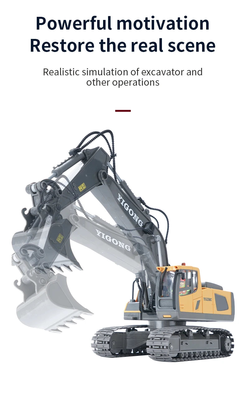 Excavadora RC 1:20 con Volcador y Bulldozer, Luz y Música