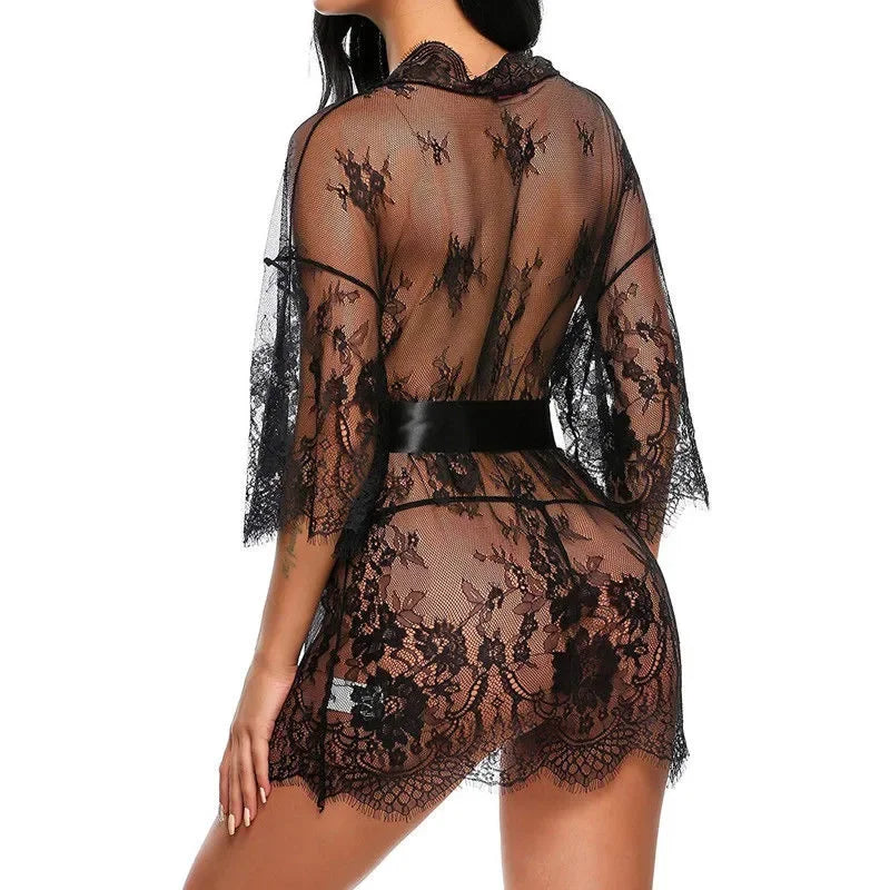 Babydoll Transparente con Cuello en V, Tanga de Encaje para Mujer