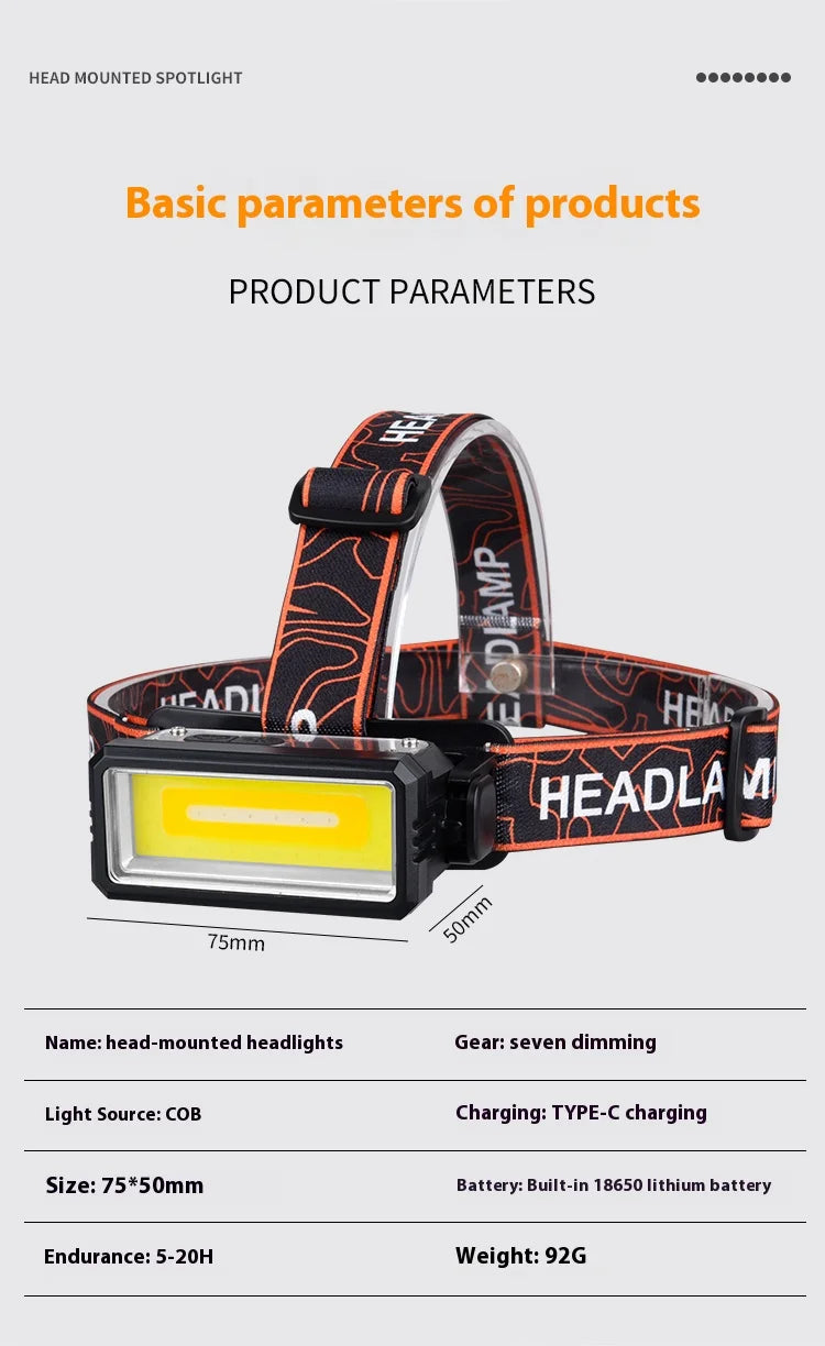Linterna Frontal LED COB Recargable USB-C con Sensor para Camping