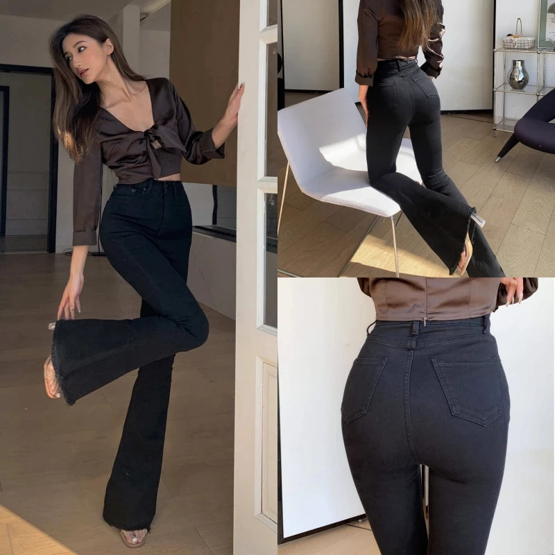 Pantalones Vaqueros Acampanados de Cintura Alta con Forro Polar para Mujer, Talla Grande