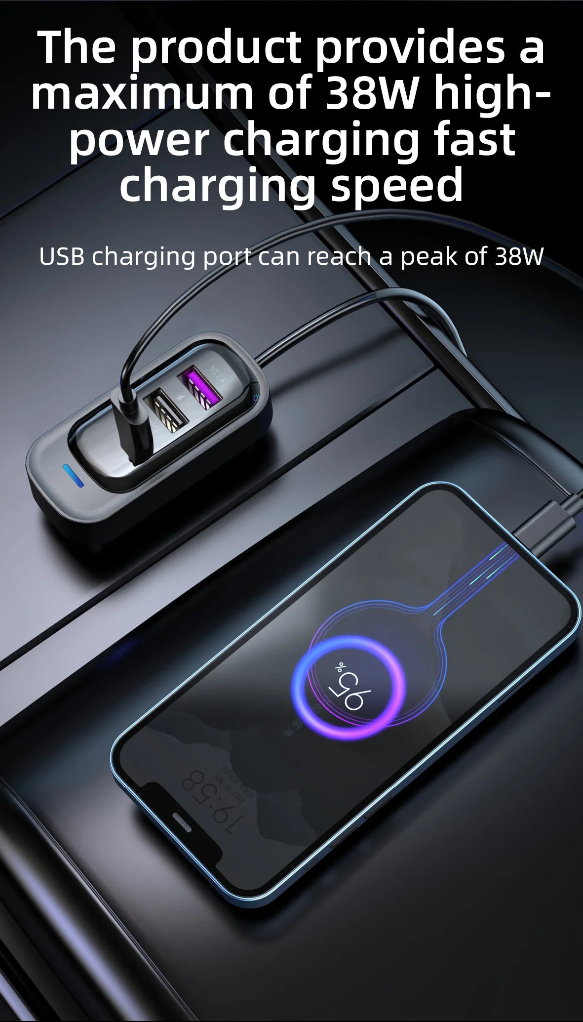 Cargador USB de 6 Puertos para Auto con Extensión para Asientos Traseros