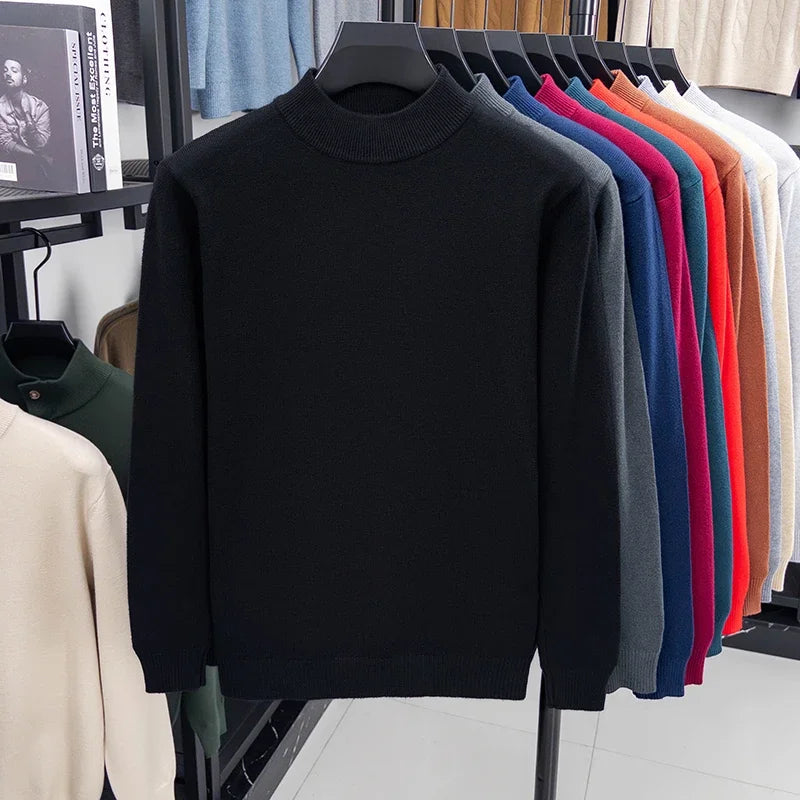 Suéter de punto de medio cuello alto para hombre, jersey de Color sólido con cuello simulado, sudadera informal de Otoño/Invierno, ropa de marca para hombre