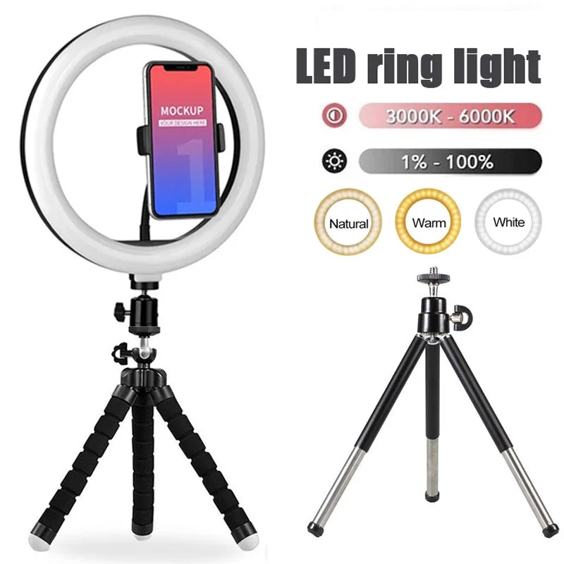 Anillo de luz LED para selfies, lámpara de anillo para fotografía, luz de relleno LED con mini trípode para teléfono, video, fotos en vivo, estudio fotográfico