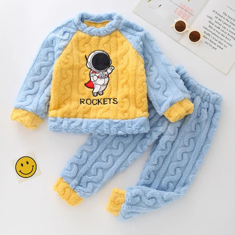 Conjunto de Pijamas de Franela para Niños, Ropa de Dormir de Invierno, Manga Larga, Gruesa y Cálida, Dos Piezas