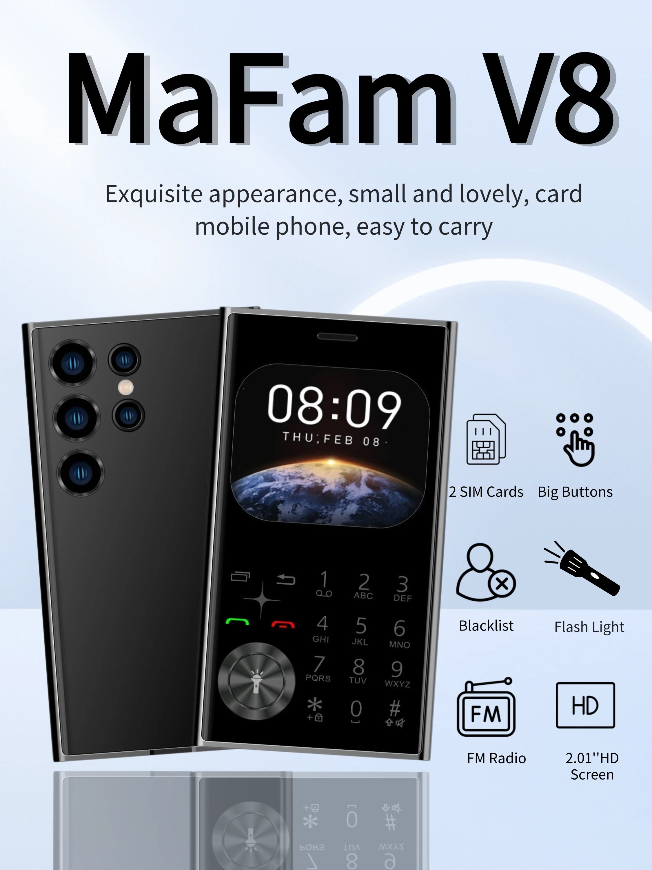 Mini teléfono de tamaño de tarjeta de crédito desbloqueado, doble SIM, pantalla ultrafina de 2,0 ", cambiador de voz para teléfono móvil, linterna con esfera de velocidad