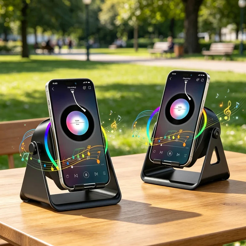 Cargador Inalámbrico 5 en 1 con Altavoz Bluetooth, Soporte para Teléfono, Plegable, Ajustable, RGB, Soporte de Escritorio para iPhone 17, 16 y Samsung