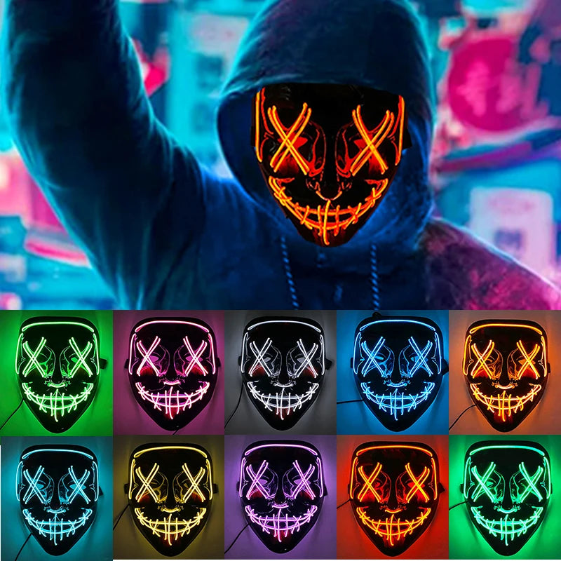 Máscara LED Inalámbrica Brillante para Halloween, Suministros para Fiestas, Máscara de Purge de Neón, Cosplay, Máscaras Faciales Luminosas, Accesorios para Carnaval y Festivales