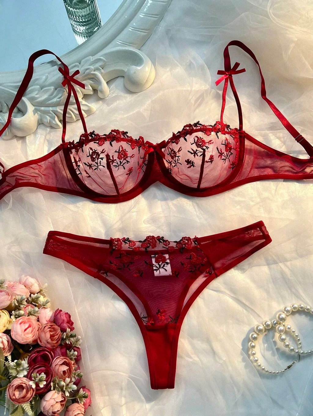 Conjunto de Sujetador y Braguitas con Bordado Floral para Mujer