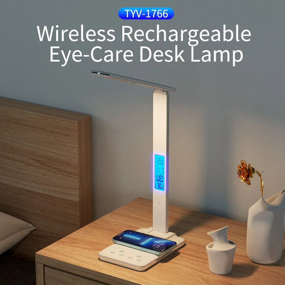 Lámpara de escritorio de lectura plegable, luz de escritorio enchufable USB, 15W, carga inalámbrica para teléfono móvil con tiempo, dormitorio, oficina, protección ocular