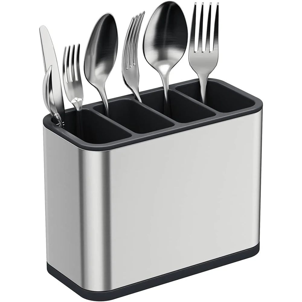 LMETJMA Organizador de cubiertos Caddy para cubiertos, estante de secado de utensilios de acero inoxidable, soporte para cubiertos con 4 compartimentos divididos