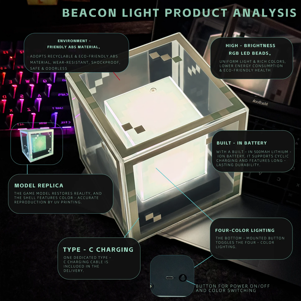 Lámpara de baliza estilo píxel, luz nocturna de escritorio, atmósfera de ordenador brillante, adorno de juego, regalo, iluminación decorativa recargable