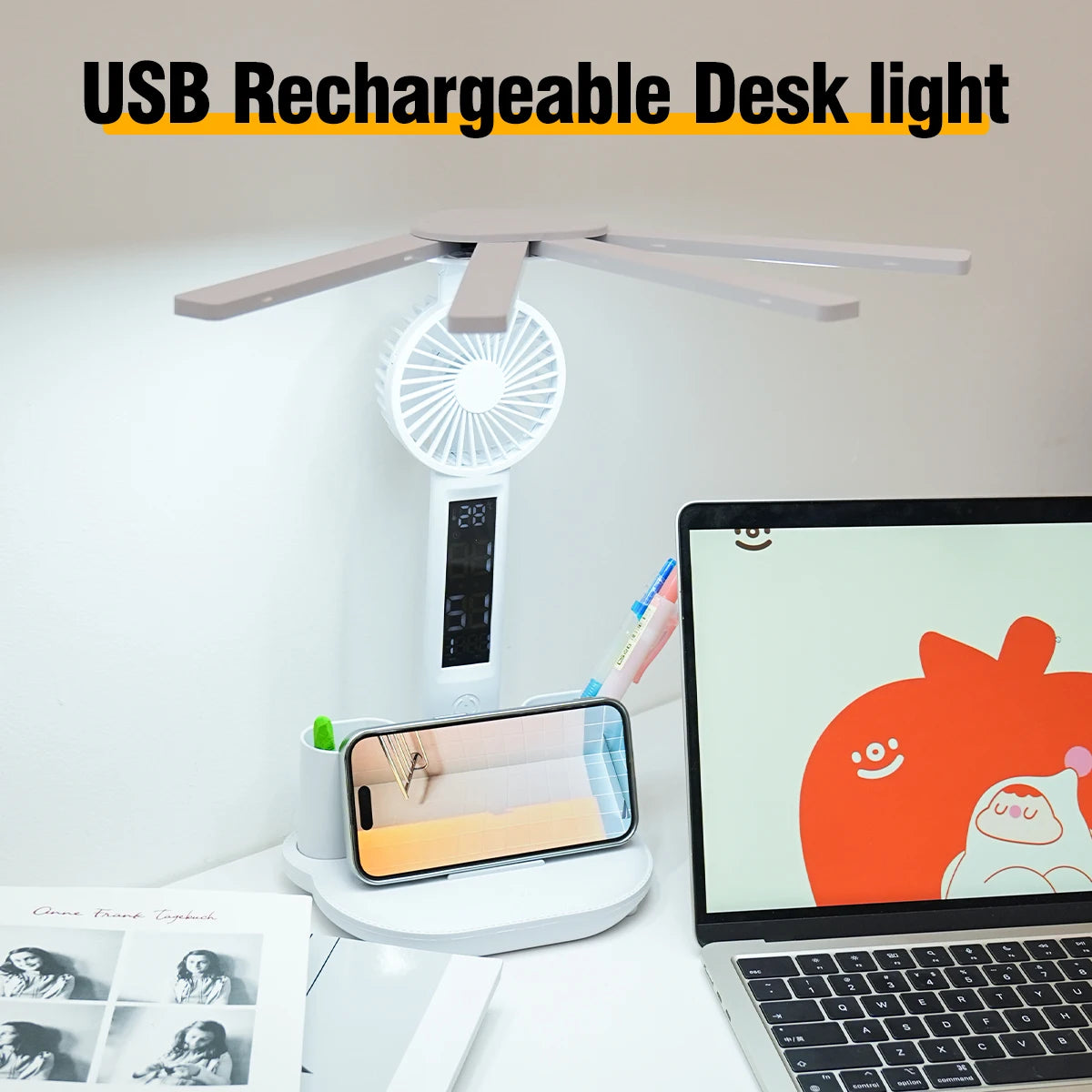 Lámpara de escritorio multifuncional 3 en 1, lámpara LED de escritorio plegable de cuatro cabezales con ventilador, calendario, reloj, lámpara de escritorio de oficina de lectura recargable por USB