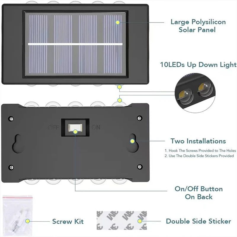 Luces solares de pared para exteriores, lámpara Solar de montaje en pared cálida/blanca para porche, iluminación arriba y abajo para jardín, paisaje de la calle, balcón y Patio