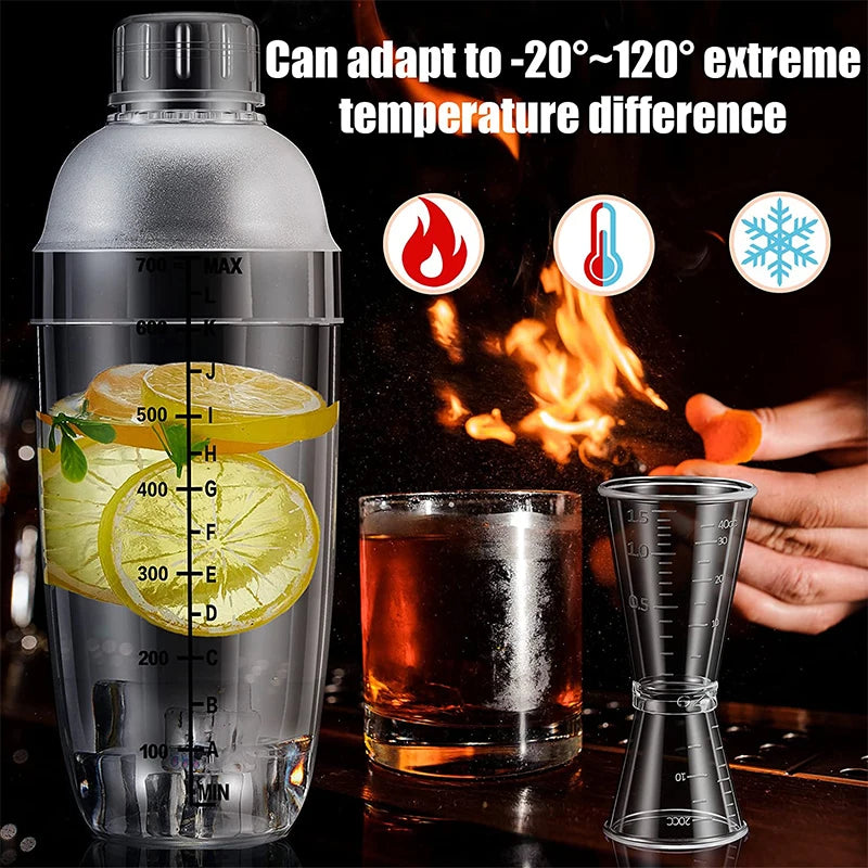 LMETJMA-Juego de coctelera de plástico, mezclador de bebidas con marcador, coctelera transparente y Jigger de medición, taza de onza JT25