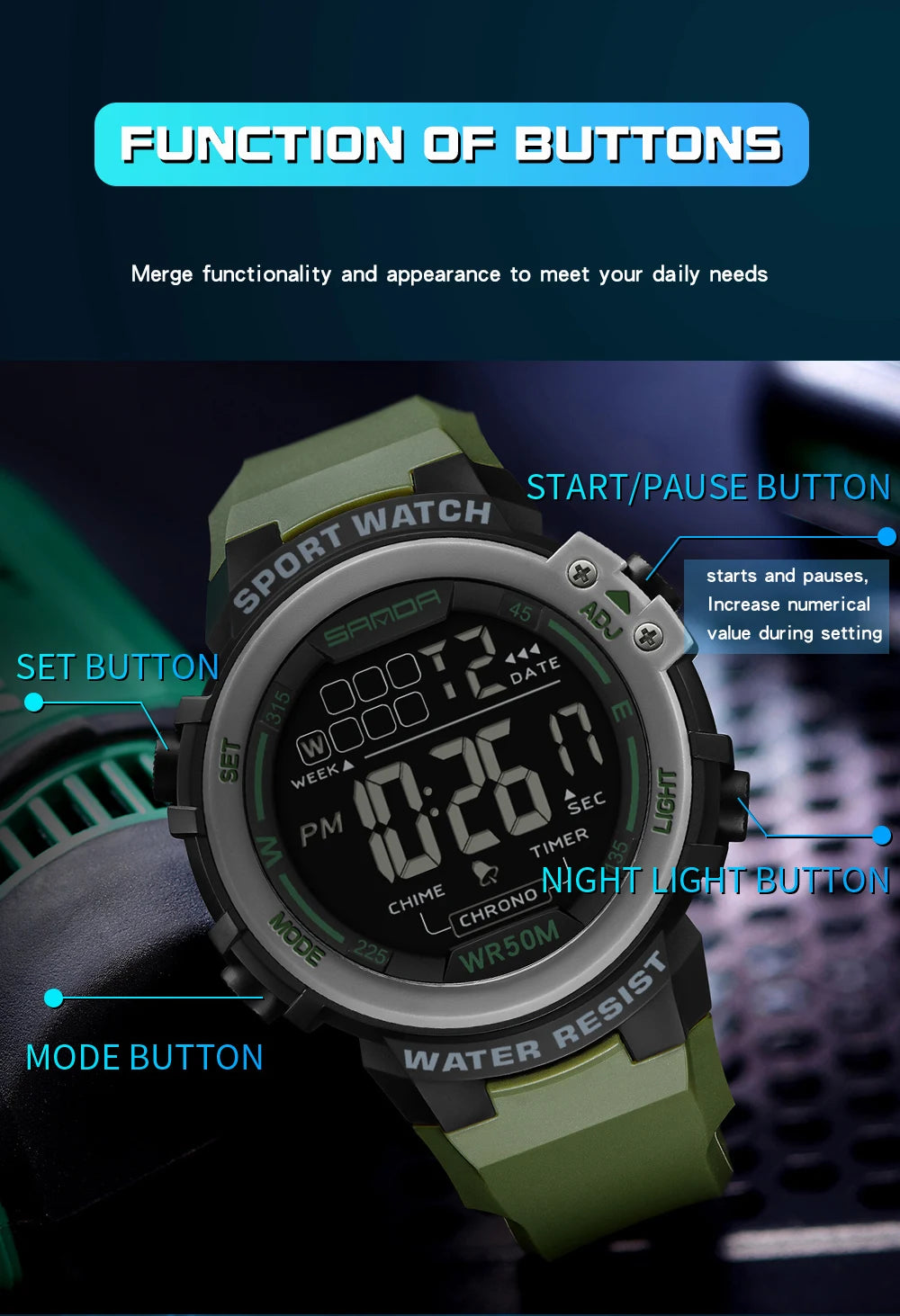 Reloj Digital SANDA 2140 Chrono para Hombre, 5 Bar Multifunción Deportivo