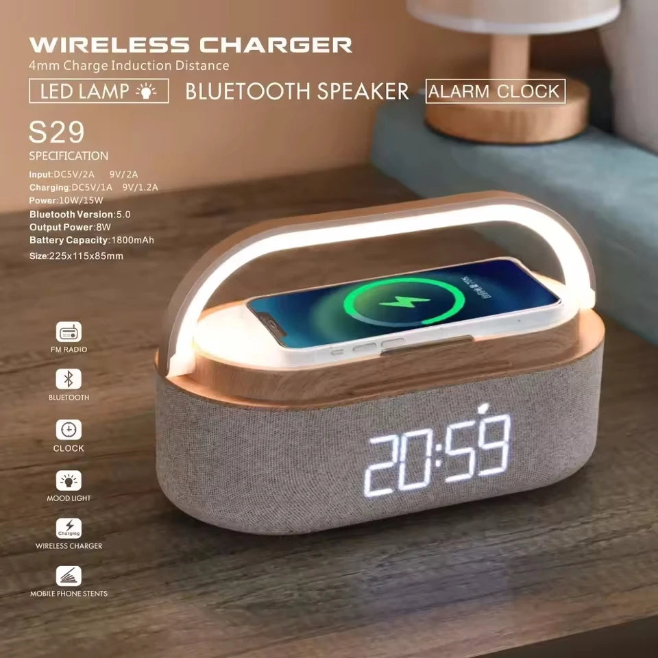 Altavoz Bluetooth portátil con carga inalámbrica, Radio FM, despertador, caja De sonido, música, cargador, lámpara, luz nocturna, Bocina