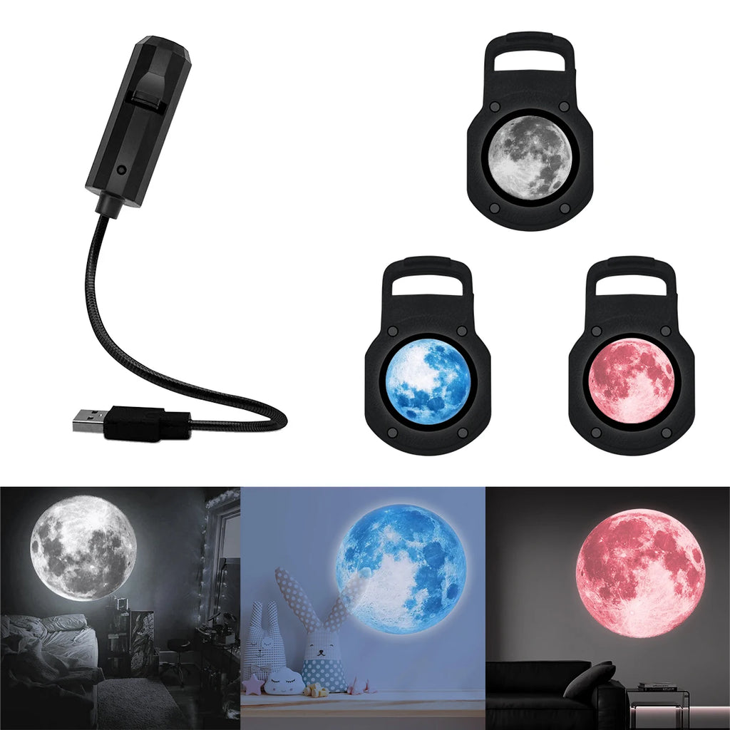 Luz de atmósfera intercambiable en la luna de tres colores, luz de proyección de cielo estrellado LED, luz electrónica con interfaz USB