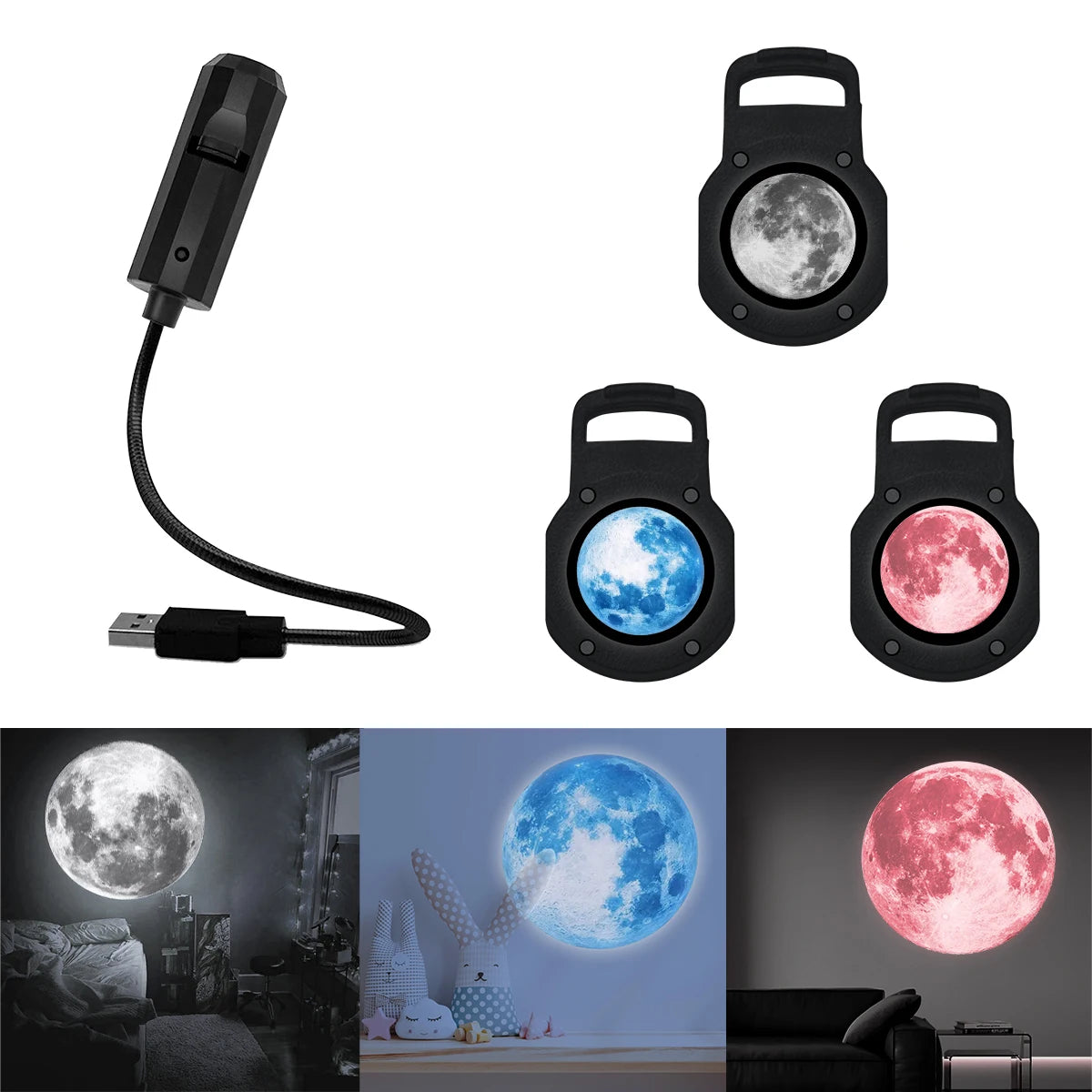Luz de atmósfera intercambiable en la luna de tres colores, luz de proyección de cielo estrellado LED, luz electrónica con interfaz USB
