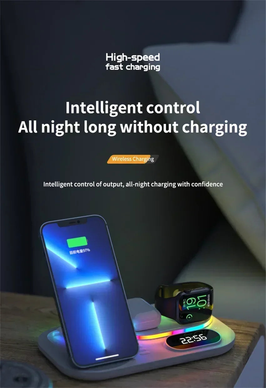Base de Carga Inalámbrica 4 en 1, Estación de Carga Rápida de 15W para iPhone 12-17, Samsung Galaxy Watch, iWatch, Auriculares Xiaomi