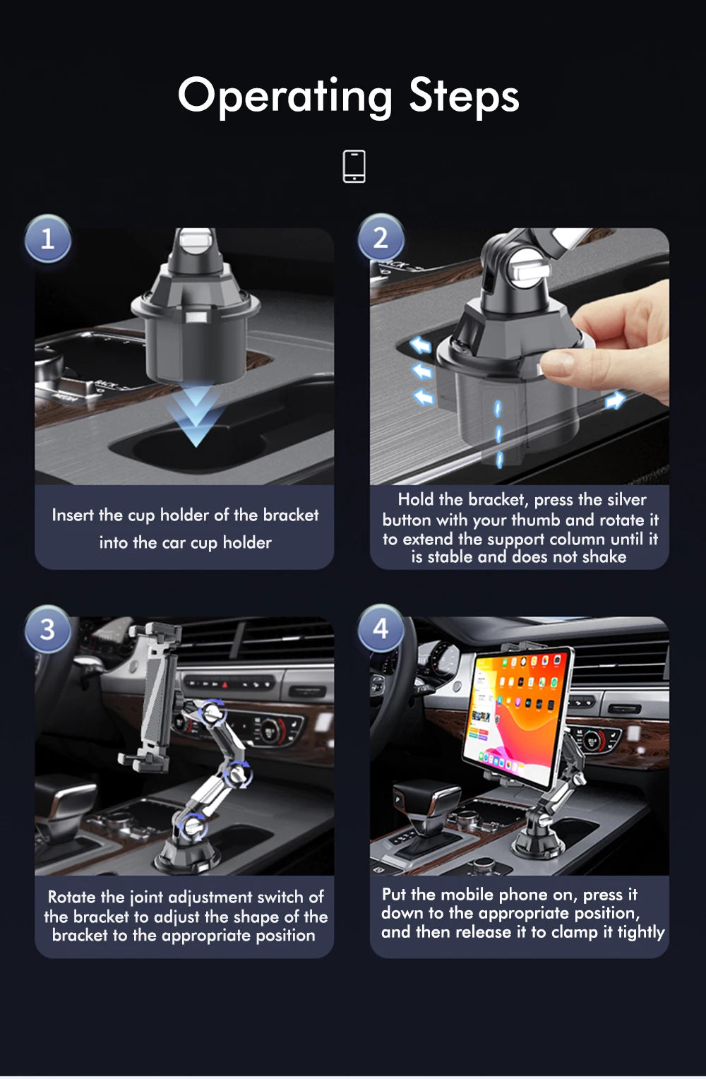 Soporte para Vasos de Coche con Rotación de 360 Grados, Soporte para Vasos de Coche con Articulación Larga, Soporte para Teléfono Móvil, Tableta y Ordenador