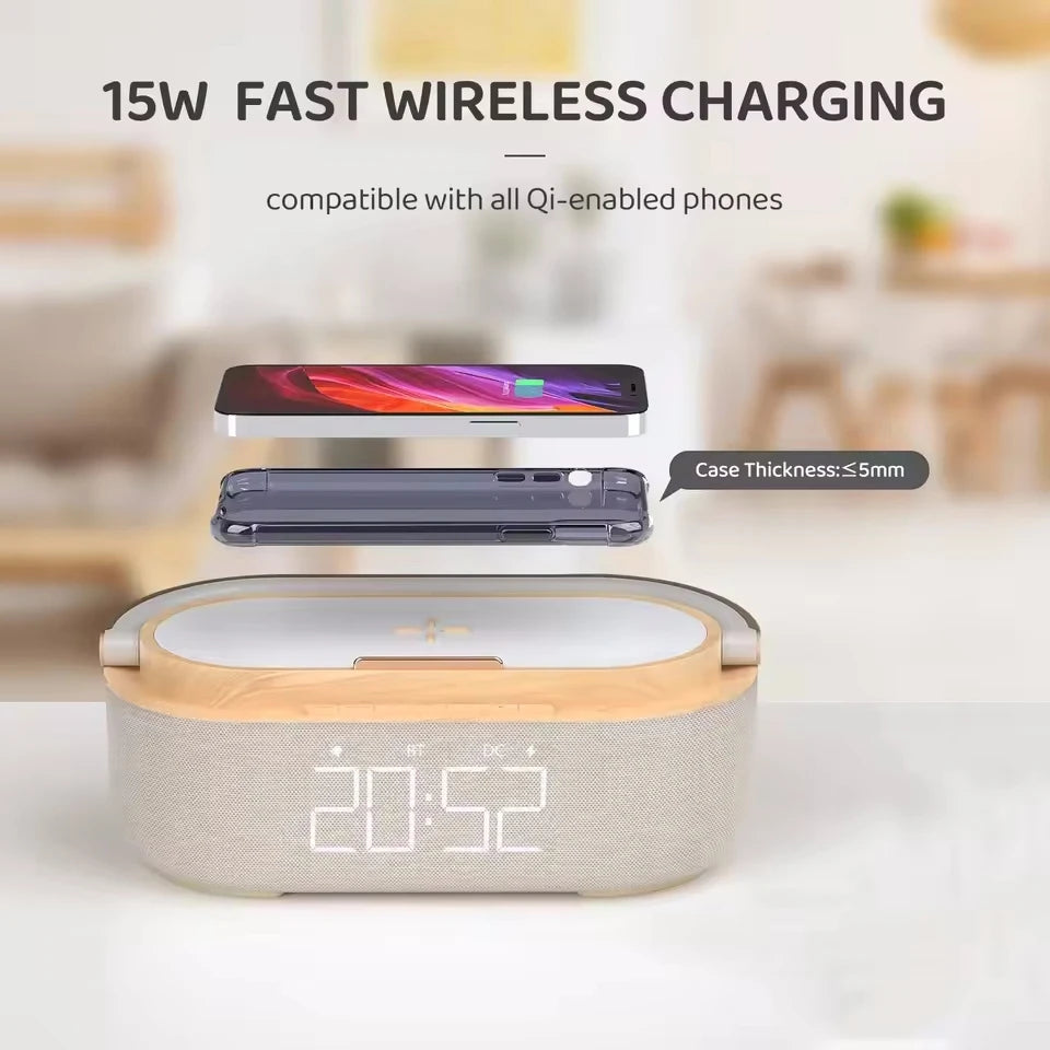 Altavoz Bluetooth portátil con carga inalámbrica, Radio FM, despertador, caja De sonido, música, cargador, lámpara, luz nocturna, Bocina