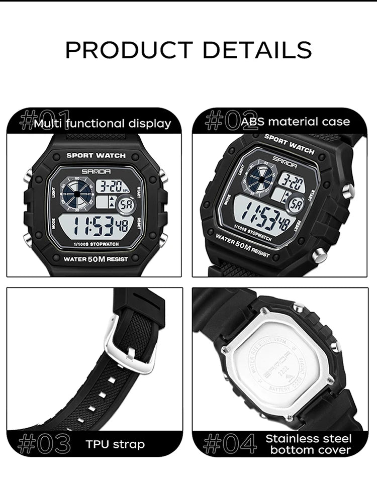 Reloj Digital SANDA 2202 para Hombre, LED Deportivo Impermeable 5 Bar