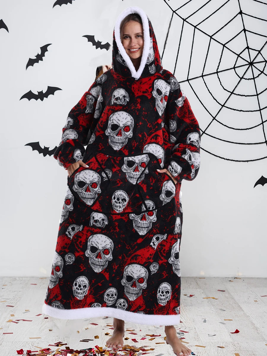 Sudaderas con capucha para mujer, Top de manga larga esponjoso y cálido en negro y gris, sudadera con capucha de fantasma y calavera de calabaza para Halloween, manta de gran tamaño para adultos, ropa de invierno