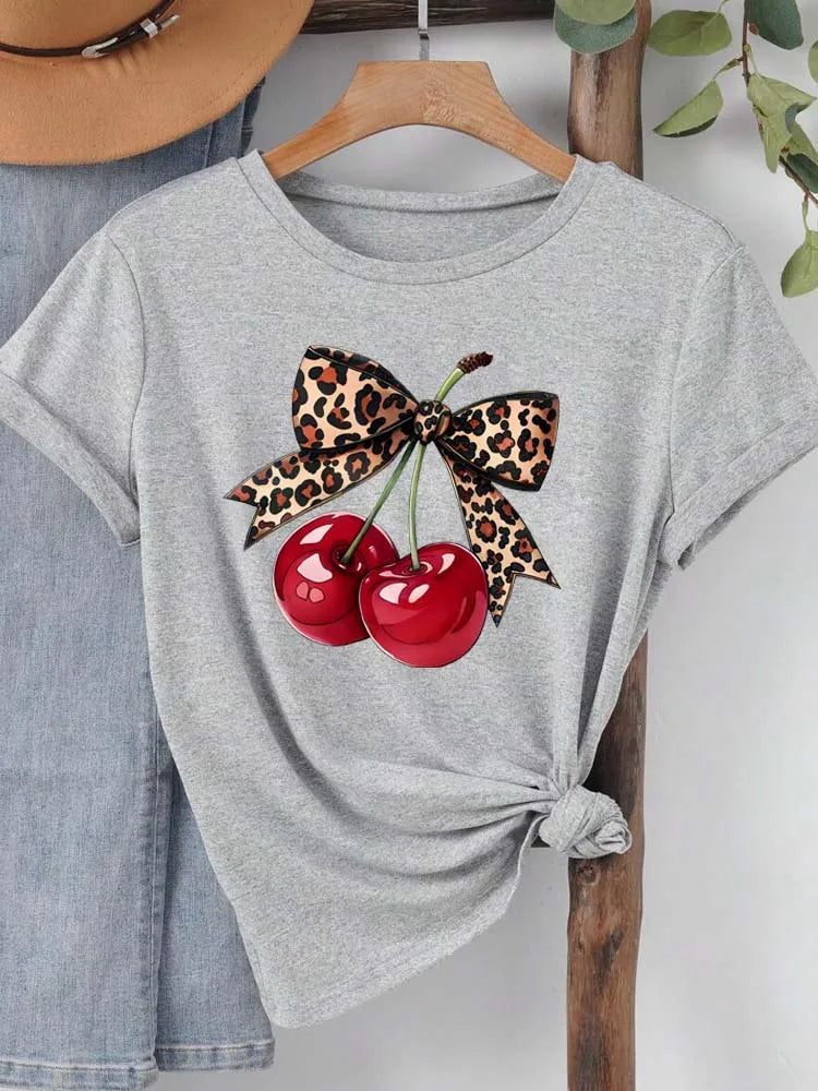 Camiseta con Estampado de Cereza para Mujer, Manga Corta